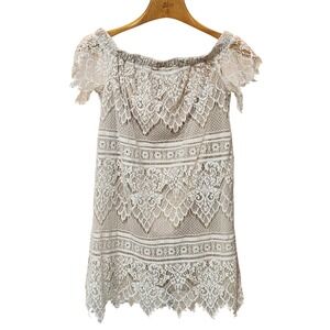 Rue 21 Off Shoulder Lace Dress Ivory Beige Lined Mini XS Boho Feminine Romantic